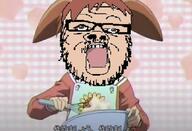 anime arm azumanga_daioh bowl brown_eyes food glasses hand holding_object japanese_text mihama_chiyo open_mouth orange_hair soyjak stubble variant:a24_slowburn_soyjak whisk white_skin // 680x464 // 40.3KB