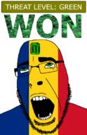 ahegao country emerald flag flag:romania gem glasses green green_eyes hair looking_up open_mouth romania schlog_color_event soyjak soyjak_blog stubble teeth text threat_level_green variant:cobson won // 721x1115 // 139.0KB