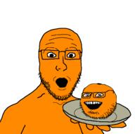 annoying_orange food fruit glasses holding_object holding_plate open_mouth orange_skin plate soyjak stubble variant:oranjak variant:platejak // 1366x1350 // 51.1KB