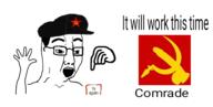 arm button cap clothes communism excited glasses hammer_and_sickle hand hands_up hat open_mouth soyjak star text variant:chudjak // 535x269 // 32.8KB