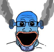bloodshot_eyes blue_skin calm ear fume glasses no_teeth ogre_ears oh_my_god_she_is_so_attractive open_mouth soyjak stubble variant:markiplier_soyjak // 834x802 // 133.0KB