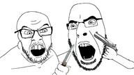 2soyjaks angry desert_eagle fight fighting glasses knife looking_to_the_left looking_to_the_right no_more_brother_wars open_mouth stubble two_soyjaks variant:cobson variant:feraljak war weapon yes_more_brother_wars // 1920x1080 // 157.2KB