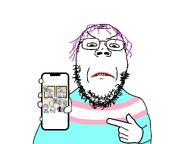 angry beard closed_mouth flag:transgender_pride_flag glasses hand holding_object holding_phone looking_at_you meme meta:tagme pointing purple_hair showing_phone subvariant:gapejak_front tranny variant:gapejak // 1200x900 // 111.9KB