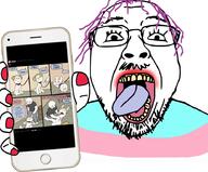 arm brimstone clothes comic dog dog_ears foot full_boxy glasses hair hand holding_object holding_phone iphone lipstick open_mouth painted_nails phone purple_hair soyjak stubble tongue tranny twitter variant:bernd yellow_teeth // 921x763 // 217.4KB