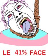 antialiased bloodshot_eyes crying dead flag glasses hair hanging le_pol_face mustache open_mouth purple_hair rope soyjak stubble suicide text tongue tranny variant:bernd yellow_teeth // 447x513 // 159.7KB