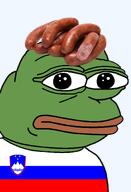amphibian bald balkan balkans closed_mouth clothes country europe european flag flag:slovenia food frog green_skin irl kranjska_klobasa kranjske lips looking_at_you nas nas:pepe neutral pepe_the_frog sausage series:pepe_hat slovenia slovenian transparent_background tshirt // 1344x1973 // 555.0KB