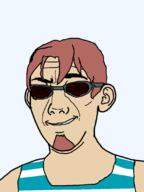 brown_hair closed_mouth corkscrew_rules ear glasses goatee hair postal postal_dude sleeveless_shirt smile soyjak tinted_glasses variant:kuzjak video_game // 810x1080 // 15.4KB