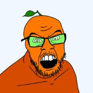 angry food froot fruit glasses hair leaf mustache open_mouth orange_skin plant soyjak stubble teeth variant:feraljak // 1024x1024 // 38.8KB