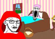 2soyjaks basket bed clothes drawn_background ear fairy_tale glasses grandma half_open_mouth hat hood little_red_riding_hood old open_mouth scared sleeping soyjak stretched_mouth stubble subvariant:soyak_(concerned) variant:markiplier_soyjak variant:soyak // 800x572 // 56.0KB