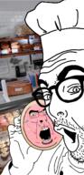 baker bald chef chef_hat cookie cupcake glasses holding_object irl_background open_mouth pastry stubble subvariant:frostedsugarcookiejak variant:cobson variant:cookjak // 720x1480 // 564.7KB