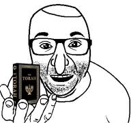 arm book clothes double_chin glasses half_open_mouth hand hat holding_book holding_object jewish_nose judaism kippah smile soyjak stubble torah tshirt variant:el_perro_rabioso // 388x363 // 62.0KB
