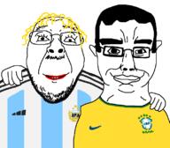 2soyjaks argentina argentina_national_football_team brazil chud_troon_alliance closed_mouth clothes ear friendship glasses hair hand lipstick smile soccer soyjak stubble subvariant:chudjak_front variant:bernd variant:chudjak yellow_hair // 800x700 // 16.1KB