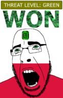 ahegao country emerald flag flag:poland gem glasses green green_eyes hair looking_up open_mouth poland schlog_color_event soyjak soyjak_blog stubble teeth text threat_level_green variant:cobson won // 721x1115 // 137.8KB