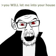 angry clothes dracula ear fangs glasses greentext hair looking_at_you open_mouth pointy_ears red_eyes sharp_teeth soyjak stubble teeth text vampire variant:feraljak white_skin // 1500x1500 // 2.2MB