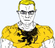 animal arm bird blue_eyes buff closed_mouth clothes country eagle flag flag:pomerania glasses hair poland pomerania soyjak subvariant:chudjak_front subvariant:muscular_chud transparent transparent_background tshirt variant:chudjak vein voivodeship yellow_hair // 1059x929 // 147.8KB