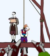 arm blood bloodshot_eyes bullet_hole clenched_teeth closed_mouth clothes crying full_body glasses gun hand hanging holding_object musket mustache orange_hair pigtails rope smile smug soyjak stubble tranny variant:chudjak // 1705x1899 // 1.1MB