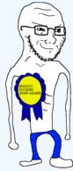 arm award barefoot biggest_fucking_wimp_award blue_pants clothes foot full_body glasses hand leg ribbon shirtless skinny smug soyjak stubble text torso variant:soyak // 803x1868 // 58.4KB