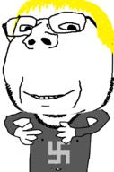 arm clothes glasses hair hand holding_object nate nazism smile soyjak stubble subvariant:wholesome_soyjak swastika variant:gapejak yellow_hair // 676x1021 // 79.6KB