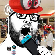 badge beard black_lives_matter cap clothes ear flag glasses hand hat holding_object irl_background japan kirby mario mushroom mustache nintendo nintendo_switch open_mouth raised_fist_(symbol) soyjak store tranny variant:hot_sauce video_game // 1024x1024 // 344.0KB