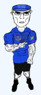 arm autism black_pants black_shoes blue_hat blue_shirt buff clothes ear eyes finger glasses hand hat leg lips mouth muscular_male neck nose sock subvariant:unbotheredchud text trend:aryan unbothered variant:chudjak vein yellow_hair // 1100x2536 // 118.9KB