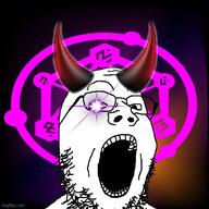 black_background demon gape glasses glowing_eyes horn imgflip.com soypocalypse symbol variant:gapejak // 500x500 // 75.2KB