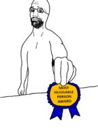 arm award beard closed_mouth glasses hand holding_award holding_object hugging meta:tagme paper smile smug soyjak variant:bartender // 1536x2048 // 188.7KB