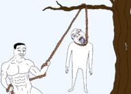 arm bloodshot_eyes buff closed_mouth clothes crying ear full_body glasses hand hanging holding_object holding_rope leg lynching noose open_mouth outdoors rope series:chud's_hitman smile smug soyjak stubble template tongue transparent_background tree variant:bernd variant:chudjak yellow yellow_skin yellow_teeth // 2100x1500 // 84.5KB