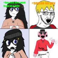 4soyjaks comic date ftm gay greentext happy moustache nate oh_my_god_she_is_so_attractive orangetext panel pinejak pink_skin pooner pronouns smile smug soyjak stubble tranny transgender_flag variant:soyak variant:soytan // 3072x3072 // 752.8KB