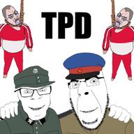 4soyjaks arm bloodshot_eyes clothes communism crying friendship full_body glasses hammer_and_sickle hand hanging hat leg military_cap nazism open_mouth rope smile smug soyjak stubble text tongeu variant:cobson variant:feraljak white_skin yellow_teeth // 1000x1000 // 103.5KB