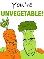 2soyjaks birthday_card broccoli card carrot food glasses green_eyes green_skin hair hand hand_on_shoulder leaf looking_at_you orange_skin plant pun smile soyjak stubble teeth variant:cobson variant:feraljak vegetable // 768x1024 // 338.3KB
