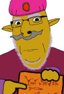 brown_skin glasses gwonam holding_object looking_at_you pointing pointy_ears purple_hair purple_shirt stubble the_legend_of_zelda the_legend_of_zelda_(cd-i) turban variant:cobson // 775x1127 // 89.9KB