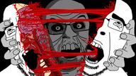 2soyjaks bisected black_sclera blood blood_from_forehead blood_from_mouth blood_on_face gore looking_at_you looking_up murder mutilation nosebleed nsfw ominous variant:cobson variant:feraljak // 1920x1080 // 318.1KB