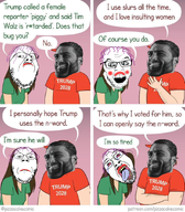 'toss ack beard bloodshot_eyes brown_hair clothes comic crying dead donald_trump ear gigachad glasses grey_skin hair hat maga maga_hat make_america_great_again makeup meta:gigachaded meta:not_oc misogyny nas:gigachad open_mouth pink_background pizzacakecomic purple_hair smile soyjak speech_bubble stubble tear teeth text tim_walz tongue tongue_out tranny tshirt variant:bernd variant:feraljak variant:gapejak yellow_teeth // 789x900 // 857.0KB