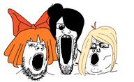 3soyjaks bowtie cartoon coco_(ongezellig) female glasses hair maya_(ongezellig) mymy ongezellig open_mouth orange_hair soyjak soyjak_trio stretched_mouth stubble variant:gapejak variant:markiplier_soyjak variant:tony_soprano_soyjak yellow_hair // 1584x972 // 234.0KB