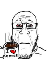 bloodshot_eyes closed_mouth coffee cup frown glasses i_love soyjak stubble tired variant:markiplier_soyjak // 634x796 // 68.6KB