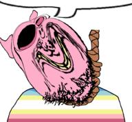 bloodshot_eyes deformed flag:minor_attracted_person hanging meta:op_took_a_selfie_of_xerself oink pig pink_skin slopejak slopjak speech_bubble speech_bubble_empty stubble variant:gapejak // 1011x937 // 435.7KB