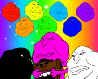 angry bald big_lips black_skin blue_skin colorful doll_(user) gay green_skin happy holding_object orange_skin pink_skin purple_skin rainbow red_skin smile stubble subvariant:impish_amerimutt variant:impish_soyak_ears variant:meximutt wholesome yellow_skin // 1324x1068 // 593.4KB