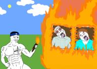 2soyjaks arm arson bloodshot_eyes buff celestino_córdova clothes crying drawn_background fire full_body grass grey_hair hair hand irl leg luchsinger-mackay_case mapuche open_mouth outdoors smile smug soyjak tongue variant:bernd variant:chudjak weichán_auka_mapu yellow_hair yellow_teeth // 1080x771 // 169.0KB