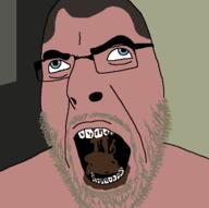 background beard blue_eyes coprophagia cross_eyed eating glasses movie open_mouth pahom poop sergey_pahomov shirtless soyjak stubble the_green_elephant variant:cobson white_skin // 722x720 // 27.6KB