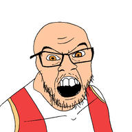 angry bald balding cartoon glasses hair hazel_eyes keloglan looking_at_you mustache open_mouth red_shirt soyjak stubble teeth turkiye variant:feraljak white_shirt white_skin // 1500x1500 // 441.1KB