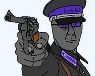 arm closed_mouth clothes dap_chhuon(user) frown glasses grey_skin gun hand hat holding_gun holding_object ironic_hat looking_to_the_left meta:namefags military_cap military_uniform nose revolver self_insert shadow subvariant:chuzjak subvariant:kuzjak_gun text tinted_glasses transparent_background variant:chudjak variant:kuzjak wrinkles // 362x288 // 20.9KB