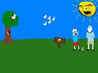 angry bloodshot_eyes closed_mouth clothes crossed_arms crying drawn_background full_body glasses ice_cream mouse multiple_soyjaks sign smile smug soyjak stubble subvariant:feralsquirrel subvariant:fingerboy subvariant:smugquack sun tree trend:squirreljakking variant:a24_slowburn_soyjak variant:cobson variant:feraljak variant:gapejak variant:impish_soyak_ears variant:smugjak variant:soyak // 1200x900 // 141.3KB