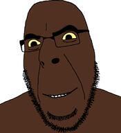 black_skin glasses open_mouth smile soyjak stubble variant:cobson yellow_sclera // 721x789 // 28.0KB