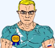 arm award blue_eyes buff christianity closed_mouth clothes eastern_orthodox eyes_like_the_o-o-cean flag flag:russia flag:sakhalin glasses hair japan oblast orthodox_cross russia sakhalin_oblast seethe soyjak subvariant:chudjak_front subvariant:muscular_chud text transparent transparent_background tshirt variant:chudjak vein yellow_hair // 1059x929 // 86.3KB