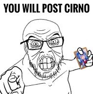 angry anime arm cirno clenched_teeth glasses hand holding_object mustache nipple pointing pointing_at_viewer soyjak stubble text touhou variant:feraljak video_game wrinkles you_will // 770x778 // 142.2KB