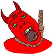 ack crying demon facial_mark fangs forehead_mark green_sclera hanging hell horn mark_of_the_beast noose pentagram pentagram_forehead_mark red red_skin rope satan sharp_teeth variant:bernd white_background yellow_teeth // 1357x1390 // 781.2KB