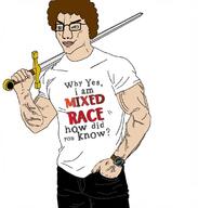 1488 afro beige_skin chud clothes europe european holding_sword jabao mixed mixed_race mulatto muscles muscular_male octoroon quadroon sword text trend:aryan tshirt variant:chudjak // 1080x1134 // 324.7KB