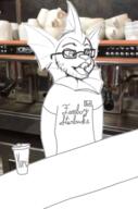 arm clothes coffee coffee_maker cup furry glasses hat kanto mug name_tag open_mouth pokemon snout soyjak starbucks_coffee stubble text tongue tshirt vaporeon variant:unknown // 401x605 // 214.7KB