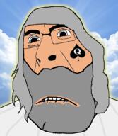 bbc beard biting_lip christianity clothes glasses god grey_hair hair irl_background queen_of_spades sky soyjak subvariant:hornyson tattoo variant:cobson white_skin // 721x828 // 188.4KB