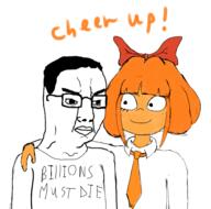 angry bowtie closed_mouth clothes female friendship glasses hair hugging millions_must_die mymy_(ongezellig) necktie ongezellig orange_hair orange_skin smile soyjak variant:chudjak // 2810x2783 // 1.3MB